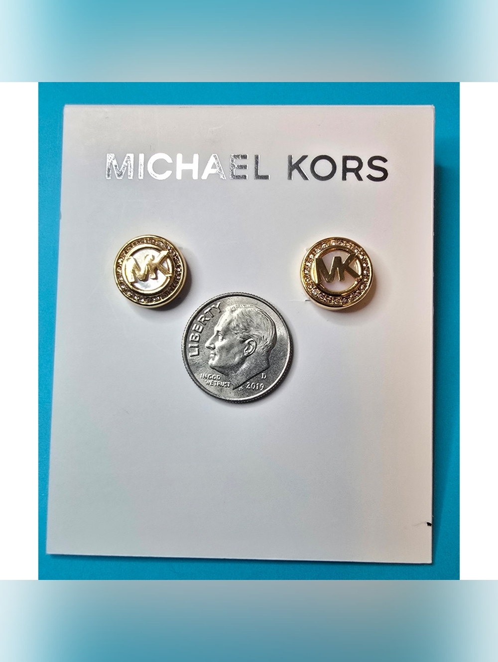 NWT Michael Kors Mother of Pearl Logo Stud Earrings Gold Tone Pave Crystal MK - Picture 6 of 7